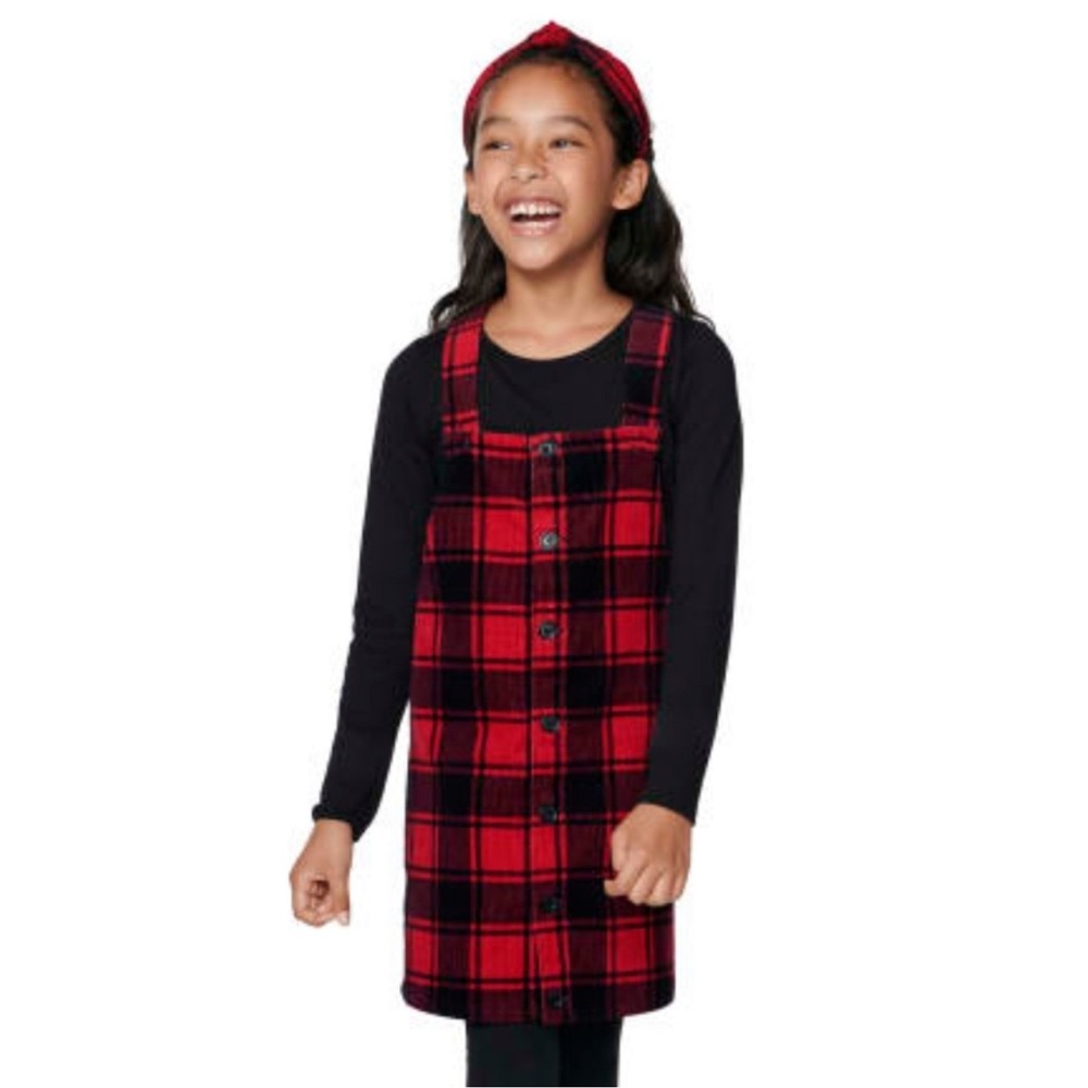 Children’s Place Girls Buffalo Plaid Corduroy Overall Dress EUC